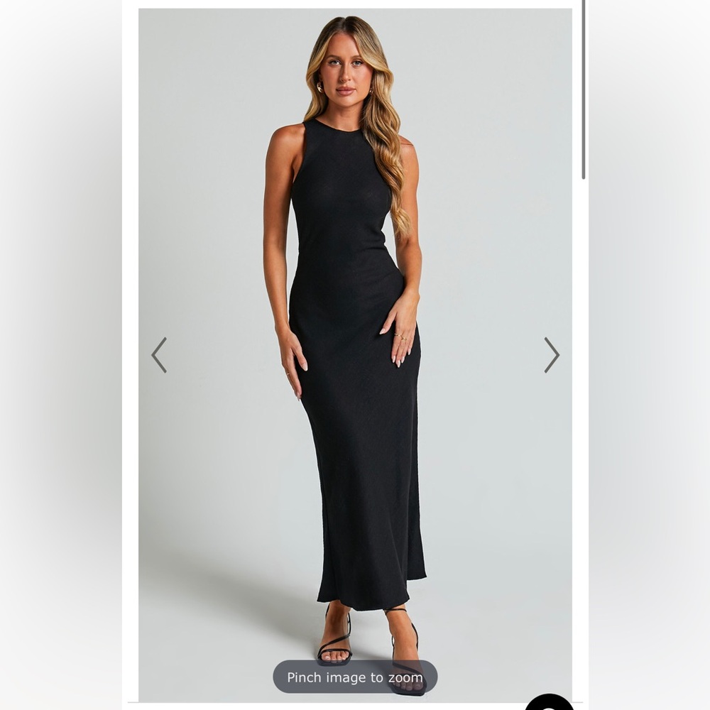 Showpo - FERNLEY MIDI DRESS - LINEN RACER NECK SLIP DRESS IN BLACK